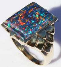 Load image into Gallery viewer, Antique SIGNED ESEMCO Art Deco LARGE BRIGHT RAINBOW RARE Black Natural Opal 10k Solid Gold Mens Ring