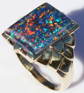 Antique SIGNED ESEMCO Art Deco LARGE BRIGHT RAINBOW RARE Black Natural Opal 10k Solid Gold Mens Ring