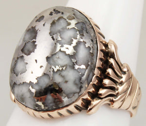 Antique Victorian LARGE RARE Natural Silver Ore in Quartz Milgrained 14k Solid Rose Gold Men's Ring