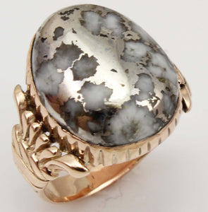 Antique Victorian LARGE RARE Natural Silver Ore in Quartz Milgrained 14k Solid Rose Gold Men's Ring