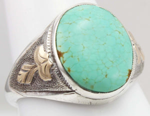 Antique Art Deco RARE Natural #8 Mine Nevada Turquoise Hand Engraved Silver & 10k Gold Men's Ring