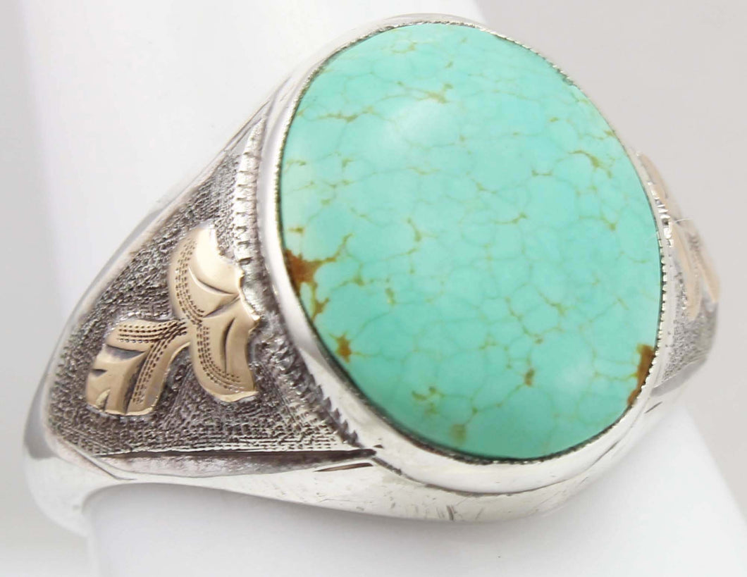 Antique Art Deco RARE Natural #8 Mine Nevada Turquoise Hand Engraved Silver & 10k Gold Men's Ring