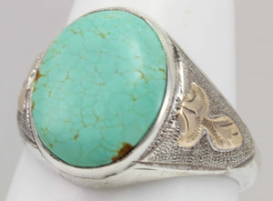 Antique Art Deco RARE Natural #8 Mine Nevada Turquoise Hand Engraved Silver & 10k Gold Men's Ring