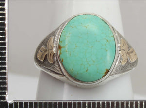 Antique Art Deco RARE Natural #8 Mine Nevada Turquoise Hand Engraved Silver & 10k Gold Men's Ring