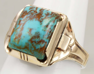 Antique Art Deco Ostby & Barton Natural RARE MATRIX Kingman Turquoise Silver & 10k Gold Men's Ring