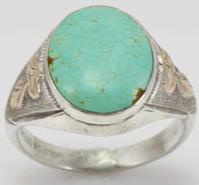 Load image into Gallery viewer, Antique Art Deco RARE Natural #8 Mine Nevada Turquoise Hand Engraved Silver &amp; 10k Gold Men&#39;s Ring