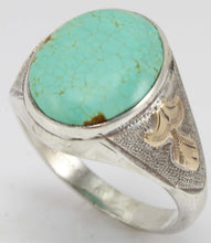 Load image into Gallery viewer, Antique Art Deco RARE Natural #8 Mine Nevada Turquoise Hand Engraved Silver &amp; 10k Gold Men&#39;s Ring