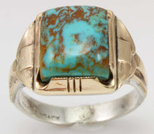 Load image into Gallery viewer, Antique Art Deco Ostby &amp; Barton Natural RARE MATRIX Kingman Turquoise Silver &amp; 10k Gold Men&#39;s Ring