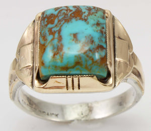 Antique Art Deco Ostby & Barton Natural RARE MATRIX Kingman Turquoise Silver & 10k Gold Men's Ring