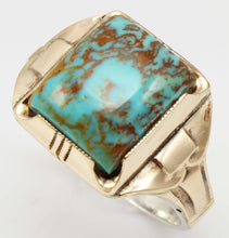 Load image into Gallery viewer, Antique Art Deco Ostby &amp; Barton Natural RARE MATRIX Kingman Turquoise Silver &amp; 10k Gold Men&#39;s Ring