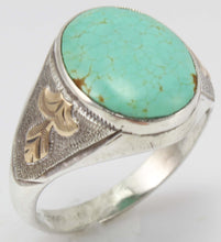 Load image into Gallery viewer, Antique Art Deco RARE Natural #8 Mine Nevada Turquoise Hand Engraved Silver &amp; 10k Gold Men&#39;s Ring