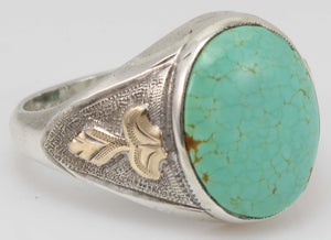 Antique Art Deco RARE Natural #8 Mine Nevada Turquoise Hand Engraved Silver & 10k Gold Men's Ring