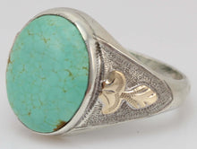 Load image into Gallery viewer, Antique Art Deco RARE Natural #8 Mine Nevada Turquoise Hand Engraved Silver &amp; 10k Gold Men&#39;s Ring