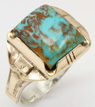 Load image into Gallery viewer, Antique Art Deco Ostby &amp; Barton Natural RARE MATRIX Kingman Turquoise Silver &amp; 10k Gold Men&#39;s Ring