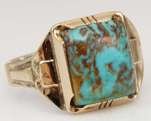 Load image into Gallery viewer, Antique Art Deco Ostby &amp; Barton Natural RARE MATRIX Kingman Turquoise Silver &amp; 10k Gold Men&#39;s Ring