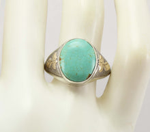Load image into Gallery viewer, Antique Art Deco RARE Natural #8 Mine Nevada Turquoise Hand Engraved Silver &amp; 10k Gold Men&#39;s Ring