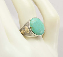 Load image into Gallery viewer, Antique Art Deco RARE Natural #8 Mine Nevada Turquoise Hand Engraved Silver &amp; 10k Gold Men&#39;s Ring