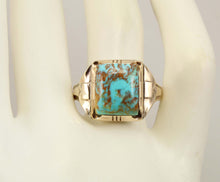 Load image into Gallery viewer, Antique Art Deco Ostby &amp; Barton Natural RARE MATRIX Kingman Turquoise Silver &amp; 10k Gold Men&#39;s Ring