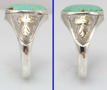Load image into Gallery viewer, Antique Art Deco RARE Natural #8 Mine Nevada Turquoise Hand Engraved Silver &amp; 10k Gold Men&#39;s Ring
