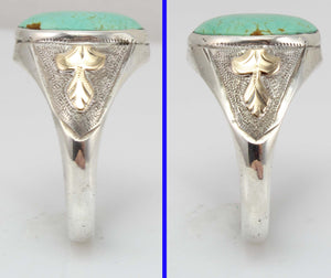 Antique Art Deco RARE Natural #8 Mine Nevada Turquoise Hand Engraved Silver & 10k Gold Men's Ring