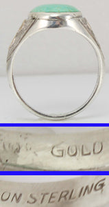 Antique Art Deco RARE Natural #8 Mine Nevada Turquoise Hand Engraved Silver & 10k Gold Men's Ring
