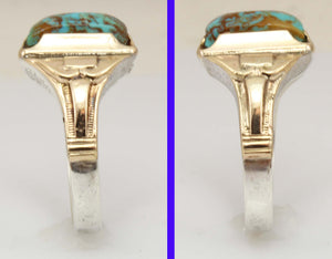 Antique Art Deco Ostby & Barton Natural RARE MATRIX Kingman Turquoise Silver & 10k Gold Men's Ring