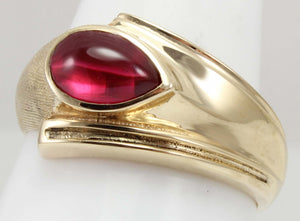 Antique 1930's Late Period Art Deco Teardrop Cabochon Red Spinel Engraved 10k Solid Gold Men's Ring