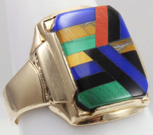 Load image into Gallery viewer, Antique SIGNED Art Deco Lapis Malachite Tiger&#39;s Eye Red Jasper Onyx Inlay 10k Solid Gold Men&#39;s Ring