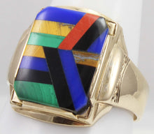 Load image into Gallery viewer, Antique SIGNED Art Deco Lapis Malachite Tiger&#39;s Eye Red Jasper Onyx Inlay 10k Solid Gold Men&#39;s Ring