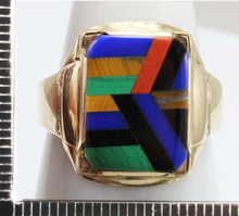 Load image into Gallery viewer, Antique SIGNED Art Deco Lapis Malachite Tiger&#39;s Eye Red Jasper Onyx Inlay 10k Solid Gold Men&#39;s Ring