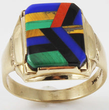 Load image into Gallery viewer, Antique SIGNED Art Deco Lapis Malachite Tiger&#39;s Eye Red Jasper Onyx Inlay 10k Solid Gold Men&#39;s Ring