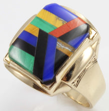 Load image into Gallery viewer, Antique SIGNED Art Deco Lapis Malachite Tiger&#39;s Eye Red Jasper Onyx Inlay 10k Solid Gold Men&#39;s Ring