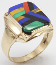 Load image into Gallery viewer, Antique SIGNED Art Deco Lapis Malachite Tiger&#39;s Eye Red Jasper Onyx Inlay 10k Solid Gold Men&#39;s Ring