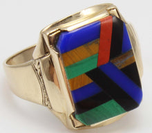 Load image into Gallery viewer, Antique SIGNED Art Deco Lapis Malachite Tiger&#39;s Eye Red Jasper Onyx Inlay 10k Solid Gold Men&#39;s Ring