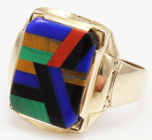 Load image into Gallery viewer, Antique SIGNED Art Deco Lapis Malachite Tiger&#39;s Eye Red Jasper Onyx Inlay 10k Solid Gold Men&#39;s Ring