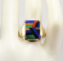 Load image into Gallery viewer, Antique SIGNED Art Deco Lapis Malachite Tiger&#39;s Eye Red Jasper Onyx Inlay 10k Solid Gold Men&#39;s Ring