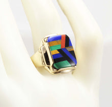 Load image into Gallery viewer, Antique SIGNED Art Deco Lapis Malachite Tiger&#39;s Eye Red Jasper Onyx Inlay 10k Solid Gold Men&#39;s Ring