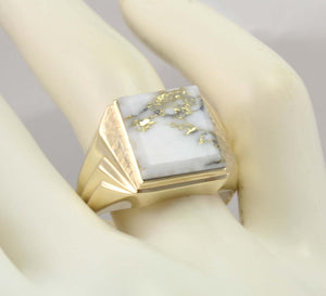 Antique 1920's Art Deco VERY RARE Natural Gold in Quartz Hand Engraved 10k Solid Gold Men's Ring