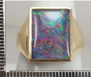 Vintage 1940's LARGE BRIGHT RAINBOW RARE Black Natural Opal 10k Solid Yellow Gold Men's Ring