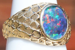 Vintage 1940's BRIGHT RAINBOW RARE Black Natural Opal 10k Solid Yellow Gold Men's Ring