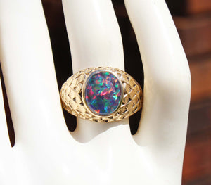 Vintage 1940's BRIGHT RAINBOW RARE Black Natural Opal 10k Solid Yellow Gold Men's Ring