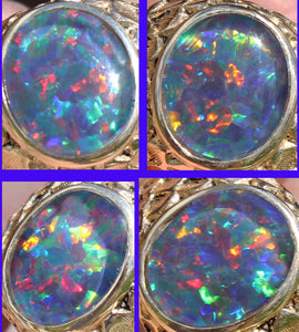 Vintage 1940's BRIGHT RAINBOW RARE Black Natural Opal 10k Solid Yellow Gold Men's Ring