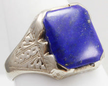 Load image into Gallery viewer, Antique 1920&#39;s Art Deco Natural Lapis Hand Engraved &amp; Milgrained 14k Solid White Gold Men&#39;s Ring