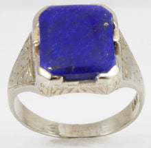 Load image into Gallery viewer, Antique 1920&#39;s Art Deco Natural Lapis Hand Engraved &amp; Milgrained 14k Solid White Gold Men&#39;s Ring