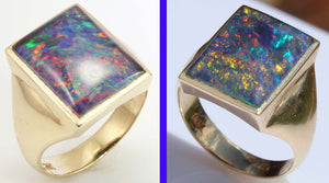 Vintage 1940's LARGE BRIGHT RAINBOW RARE Black Natural Opal 10k Solid Yellow Gold Men's Ring