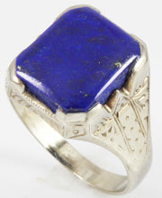 Load image into Gallery viewer, Antique 1920&#39;s Art Deco Natural Lapis Hand Engraved &amp; Milgrained 14k Solid White Gold Men&#39;s Ring