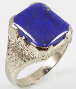 Antique 1920's Art Deco Natural Lapis Hand Engraved & Milgrained 14k Solid White Gold Men's Ring