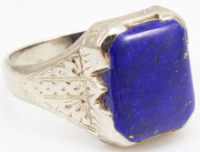 Load image into Gallery viewer, Antique 1920&#39;s Art Deco Natural Lapis Hand Engraved &amp; Milgrained 14k Solid White Gold Men&#39;s Ring