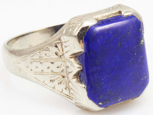 Antique 1920's Art Deco Natural Lapis Hand Engraved & Milgrained 14k Solid White Gold Men's Ring