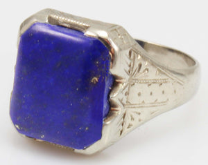 Antique 1920's Art Deco Natural Lapis Hand Engraved & Milgrained 14k Solid White Gold Men's Ring